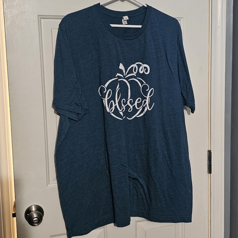 Blue Graphic T-Shirt with 'Blessed' Pumpkin Design
